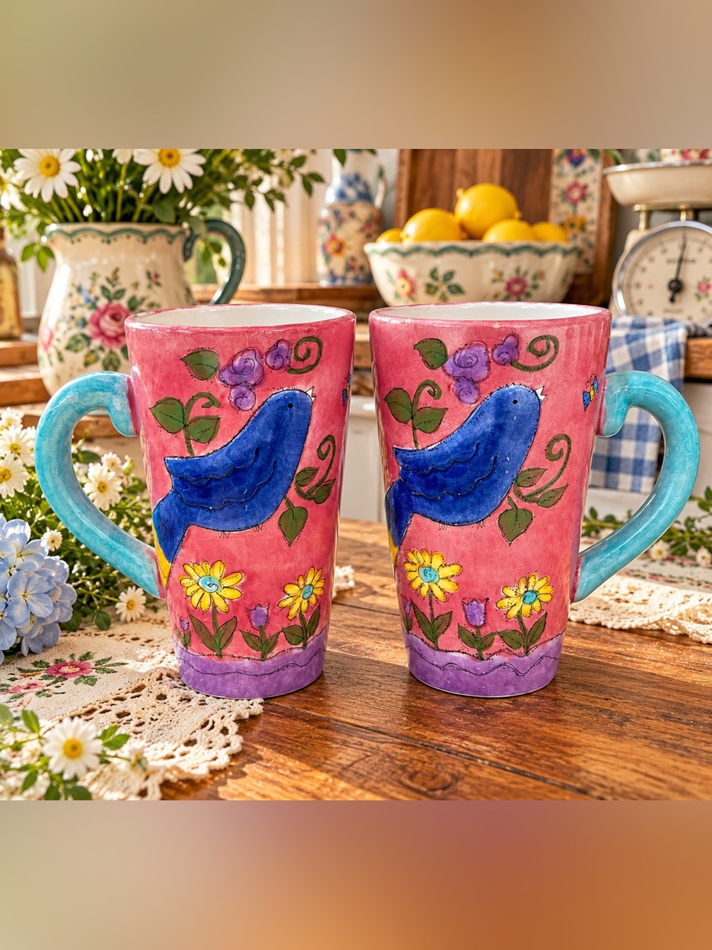 Sango Birds and Bees Pink Ceramic Mugs with Blue Bird and Floral Design